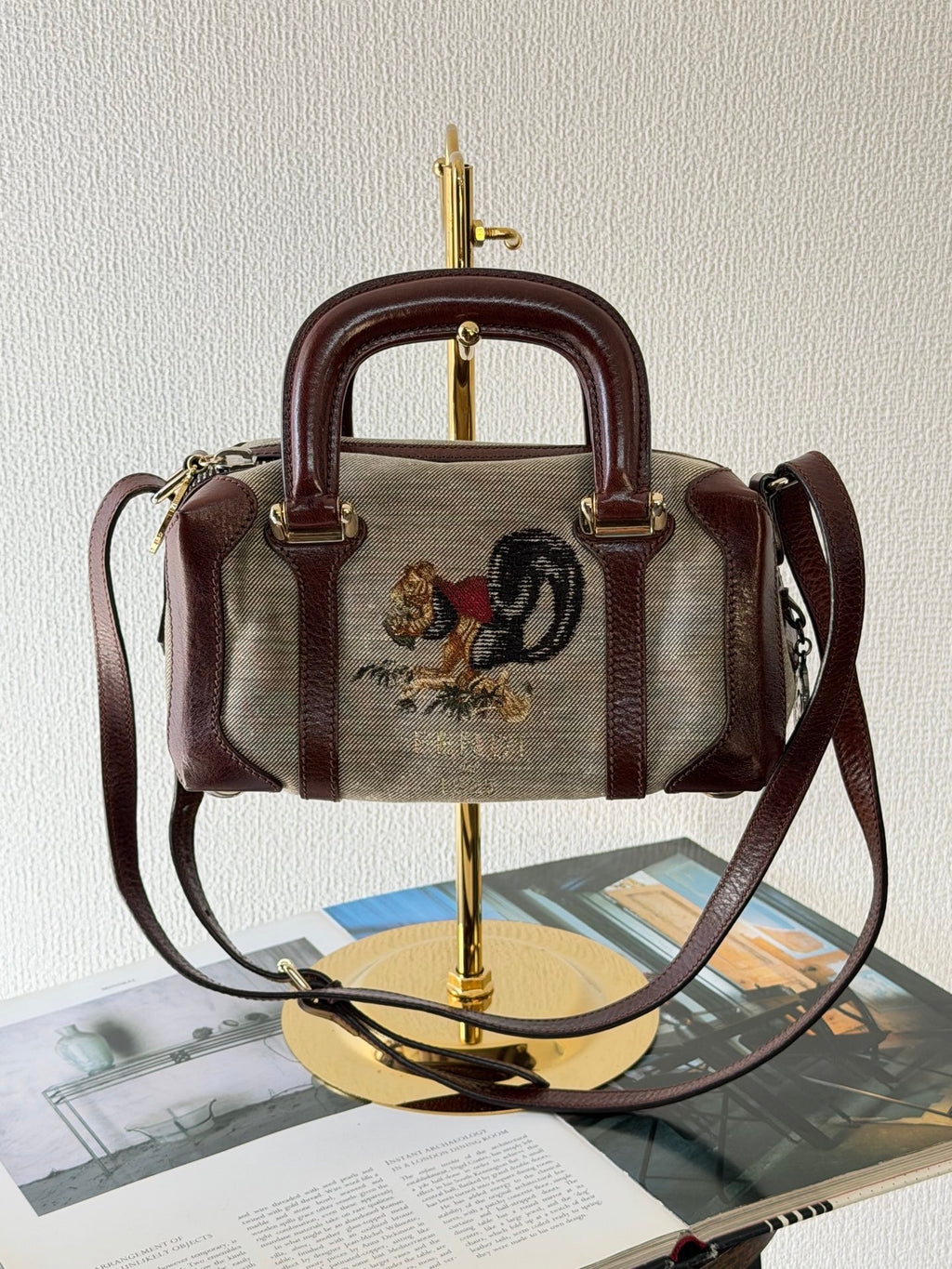 FENDI Cloth Bauletto Squirrel Boston Handbag