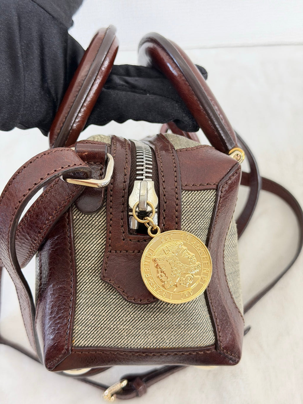 FENDI Cloth Bauletto Squirrel Boston Handbag