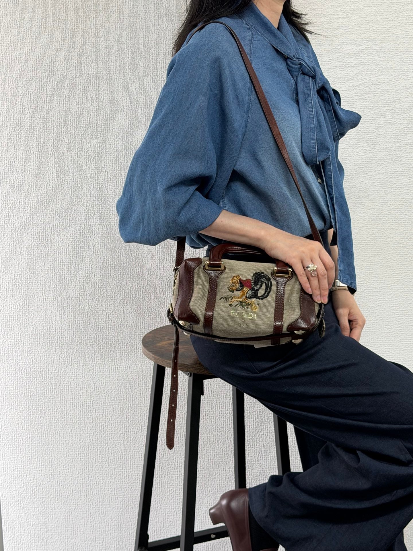 FENDI Cloth Bauletto Squirrel Boston Handbag
