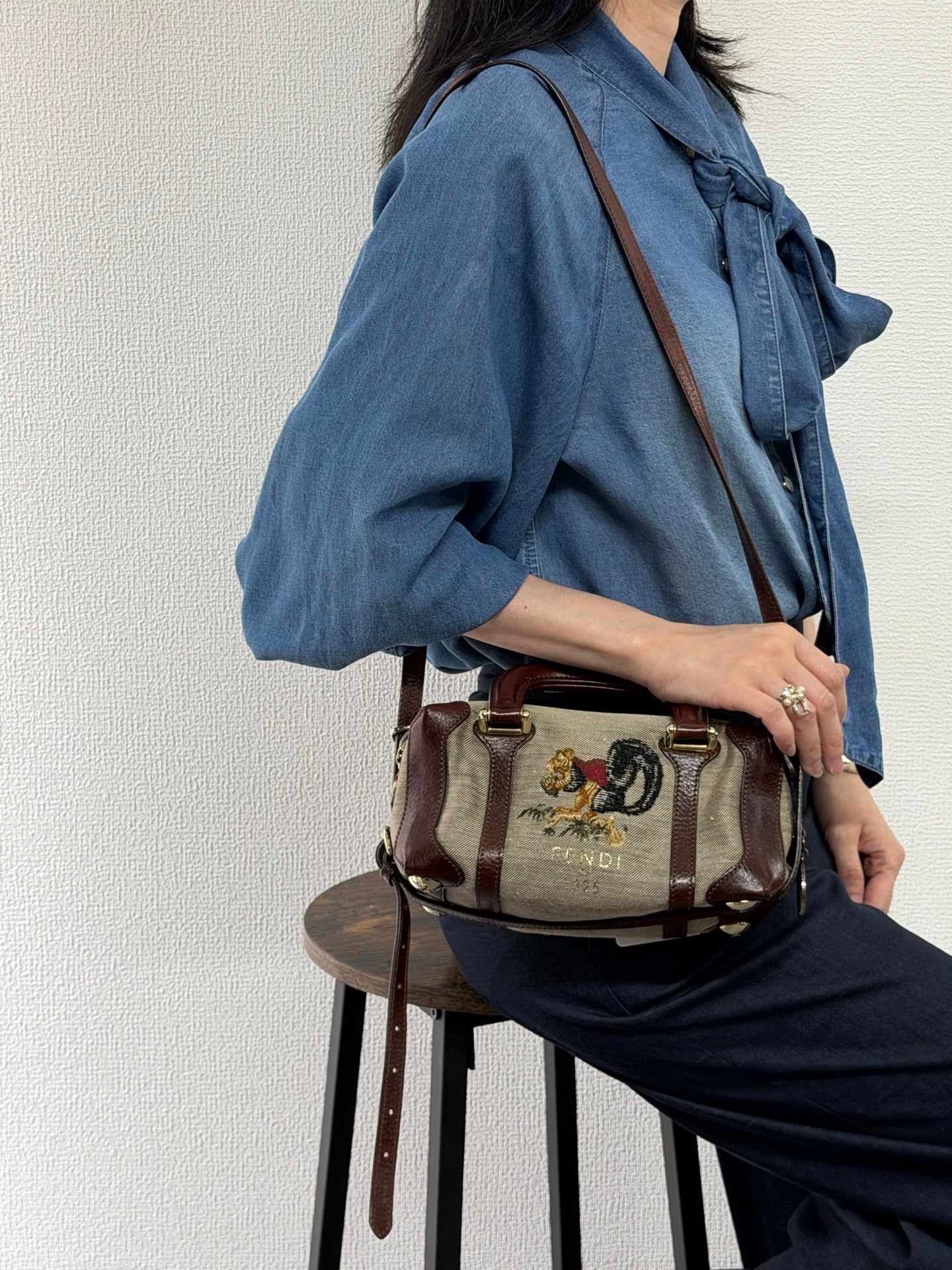 FENDI Cloth Bauletto Squirrel Boston Handbag