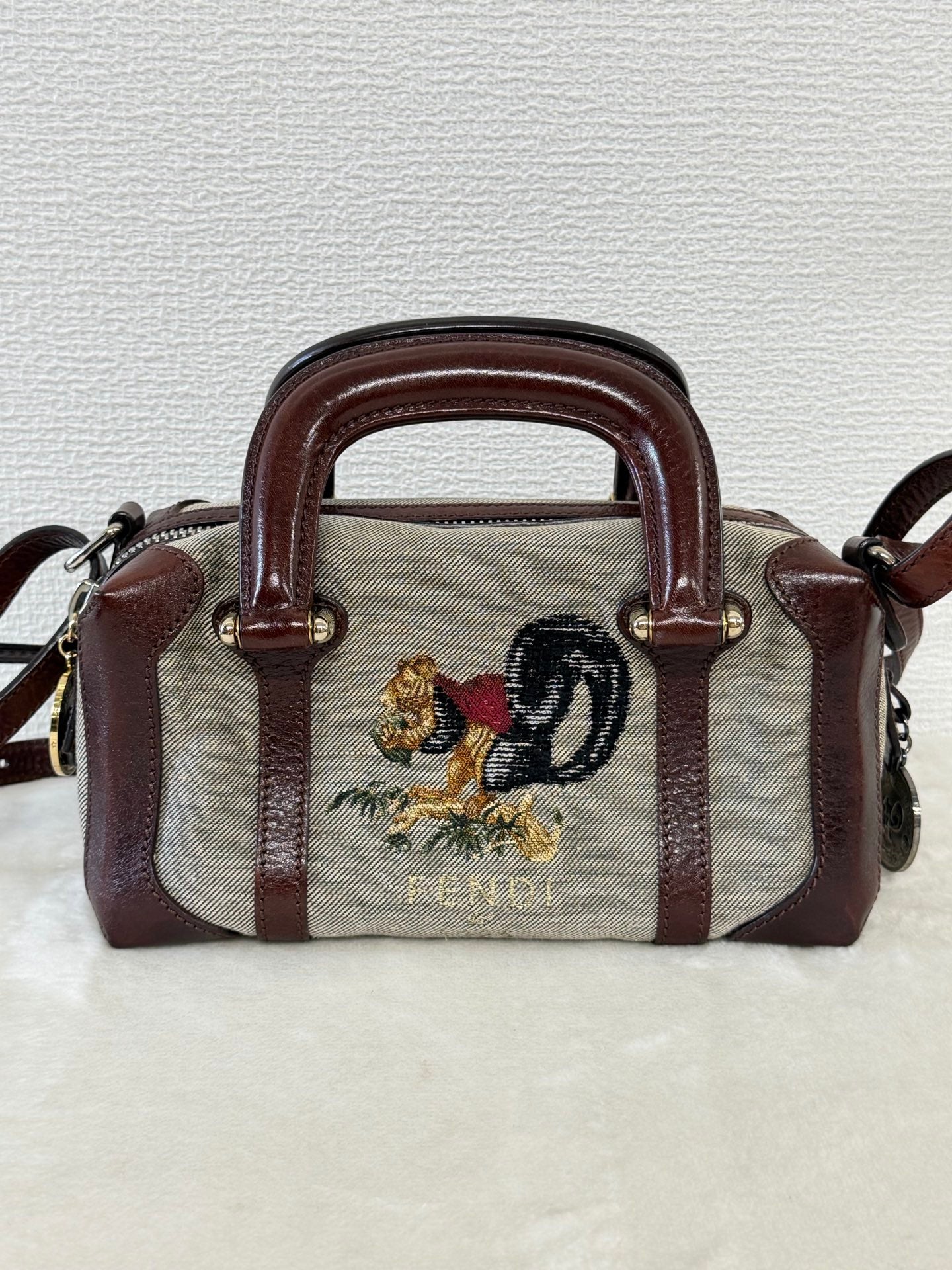 FENDI Cloth Bauletto Squirrel Boston Handbag
