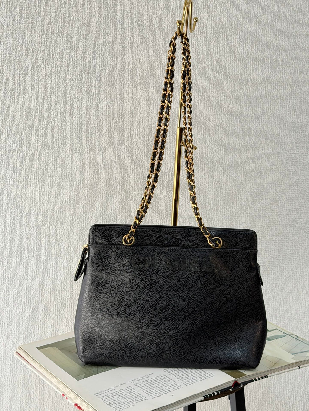 CHANEL Caviar Embossed Logo Chain Tote Bag