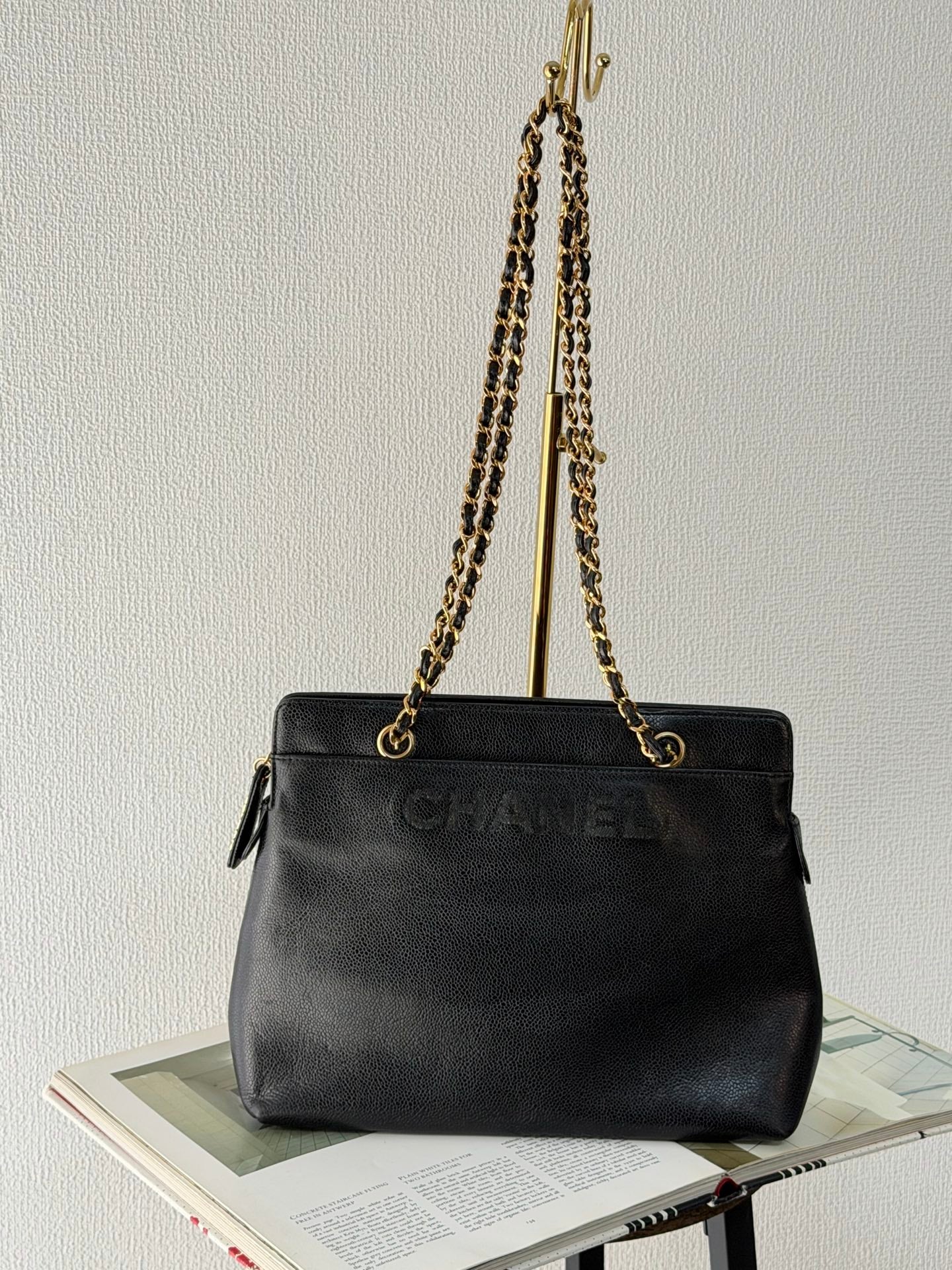 CHANEL Caviar Embossed Logo Chain Tote Bag