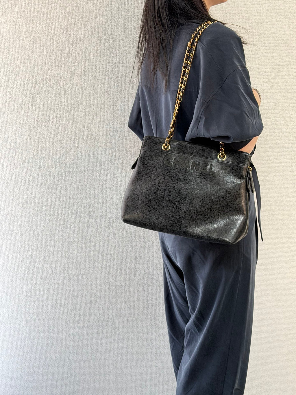 CHANEL Caviar Embossed Logo Chain Tote Bag