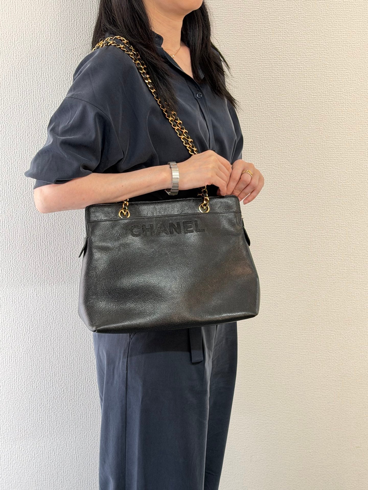 CHANEL Caviar Embossed Logo Chain Tote Bag