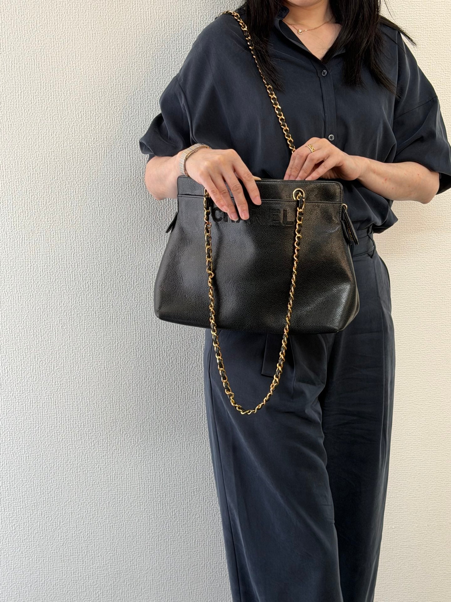 CHANEL Caviar Embossed Logo Chain Tote Bag