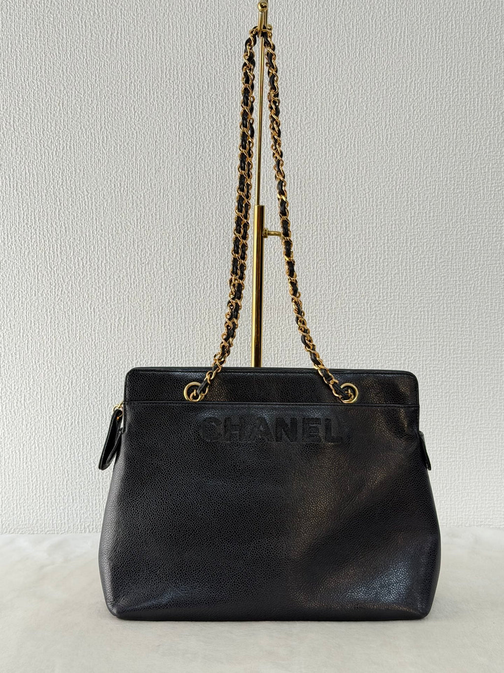 CHANEL Caviar Embossed Logo Chain Tote Bag