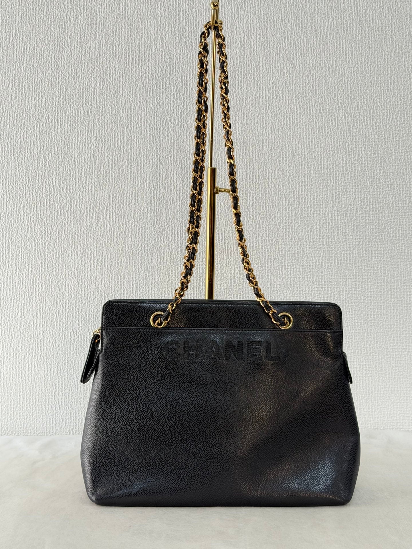 CHANEL Caviar Embossed Logo Chain Tote Bag