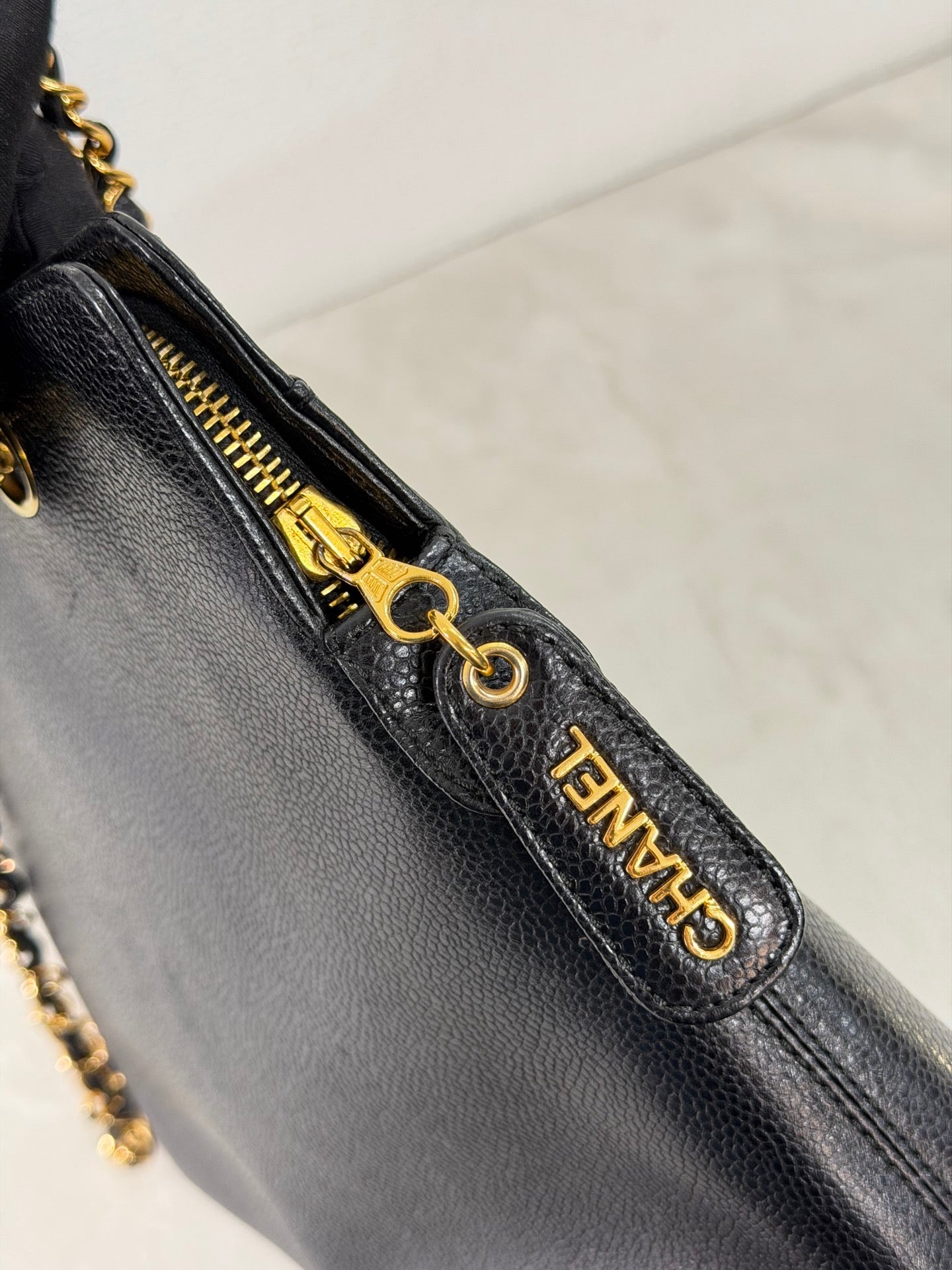 CHANEL Caviar Embossed Logo Chain Tote Bag