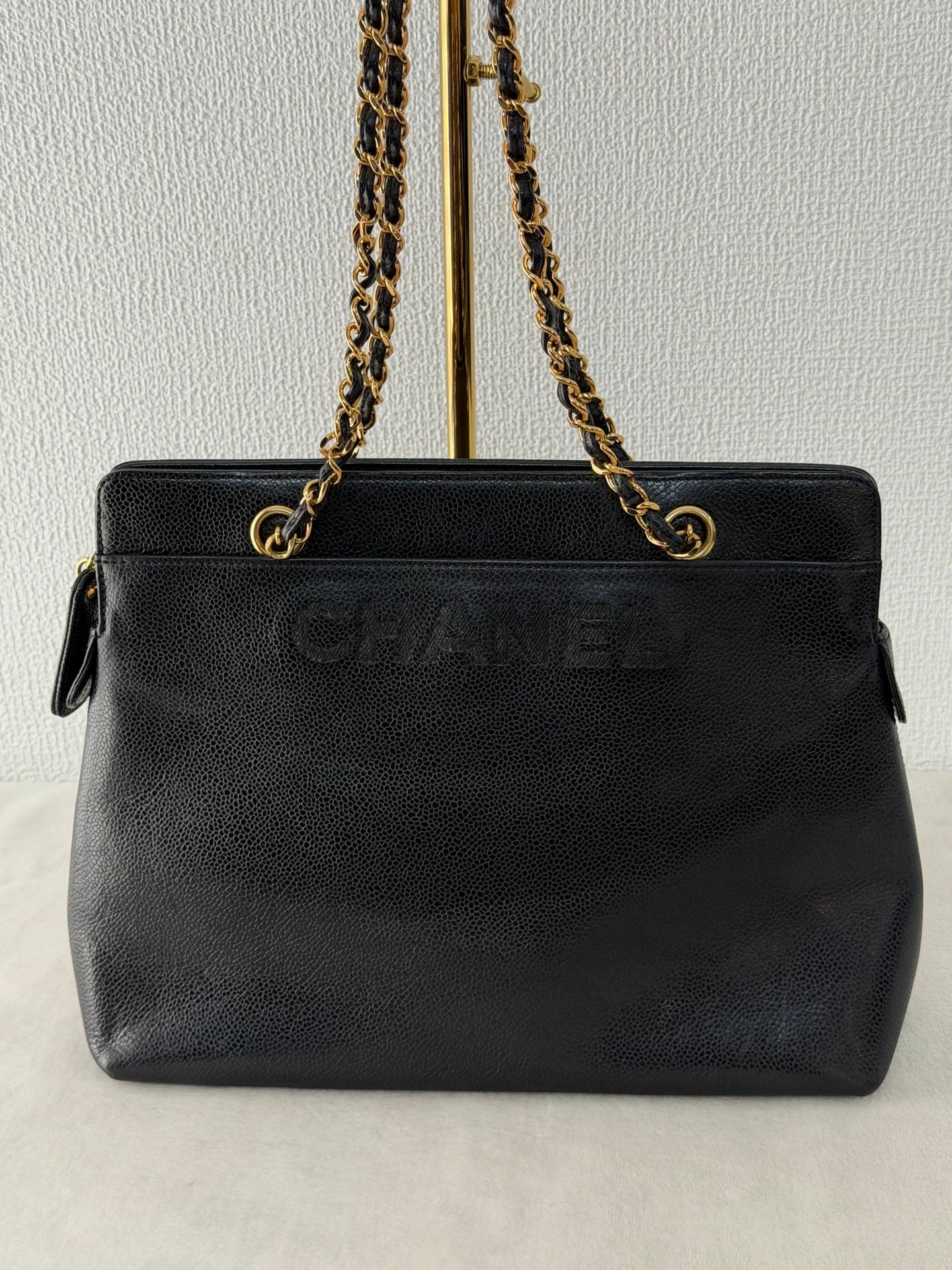 CHANEL Caviar Embossed Logo Chain Tote Bag