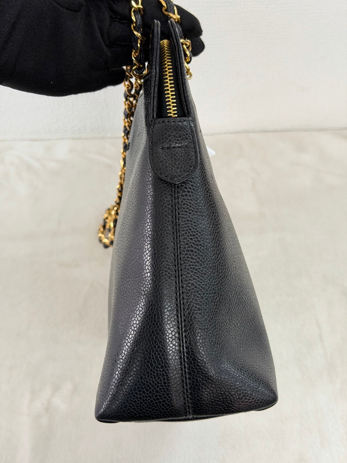 CHANEL Caviar Embossed Logo Chain Tote Bag
