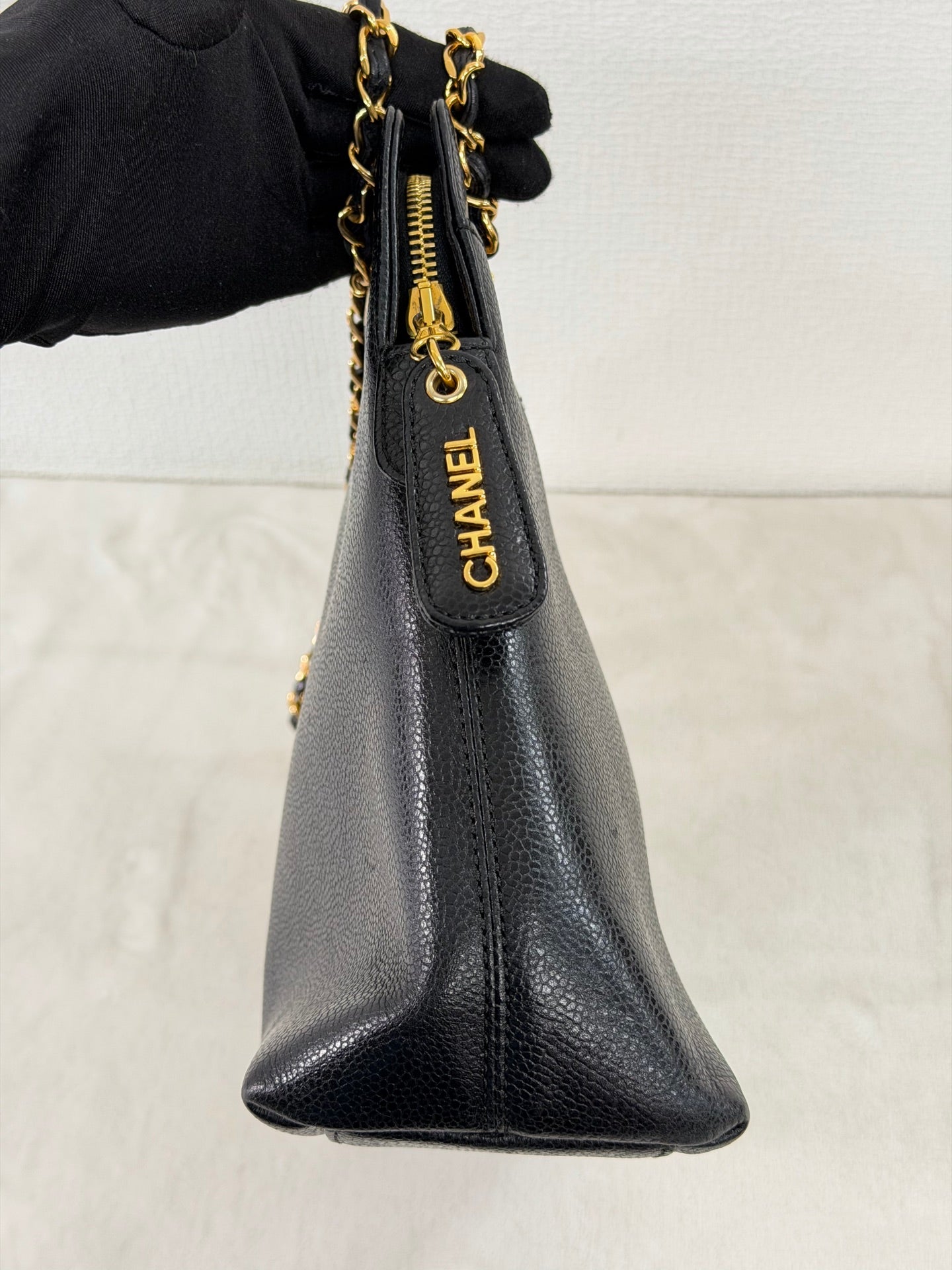 CHANEL Caviar Embossed Logo Chain Tote Bag