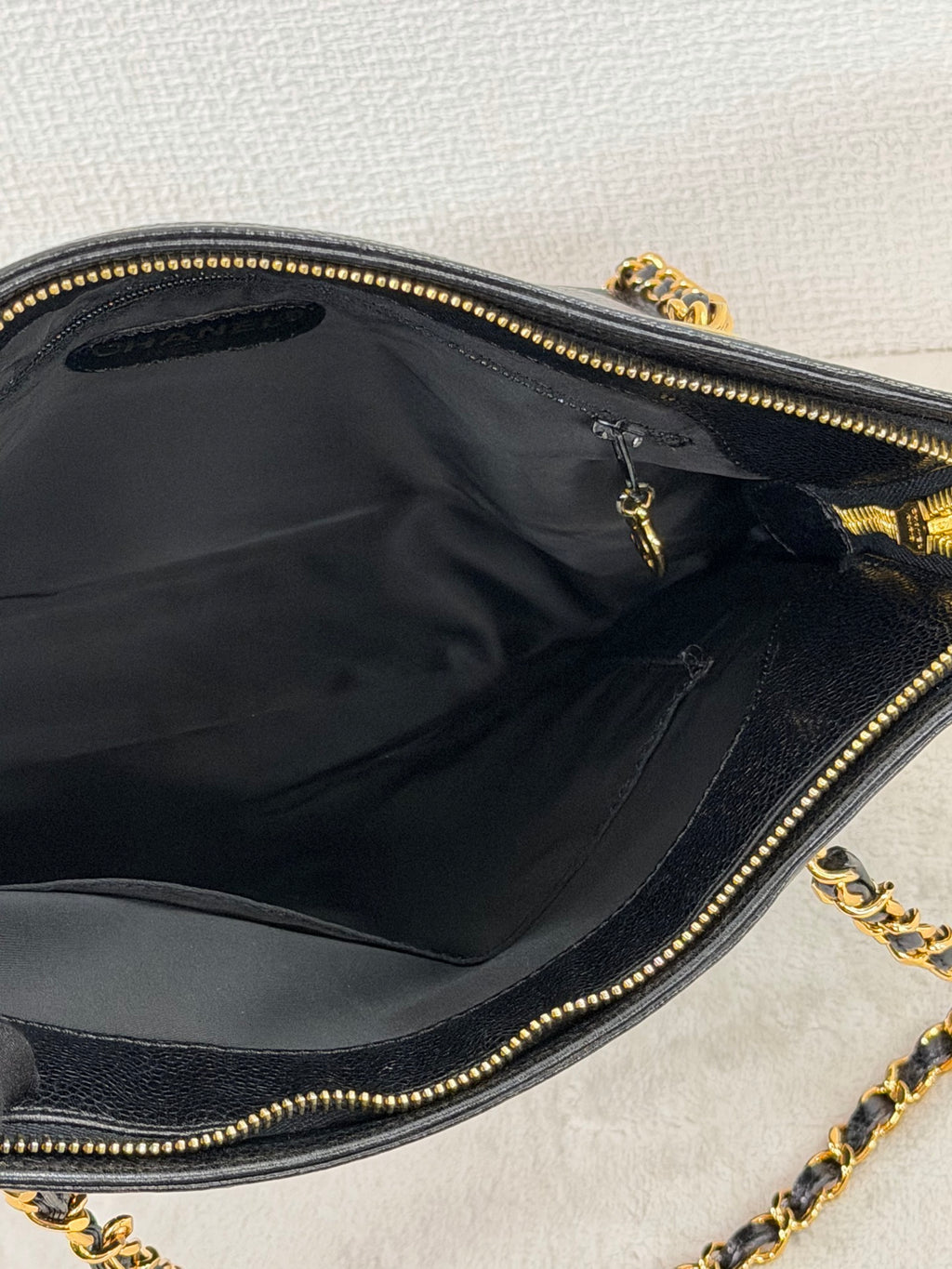 CHANEL Caviar Embossed Logo Chain Tote Bag