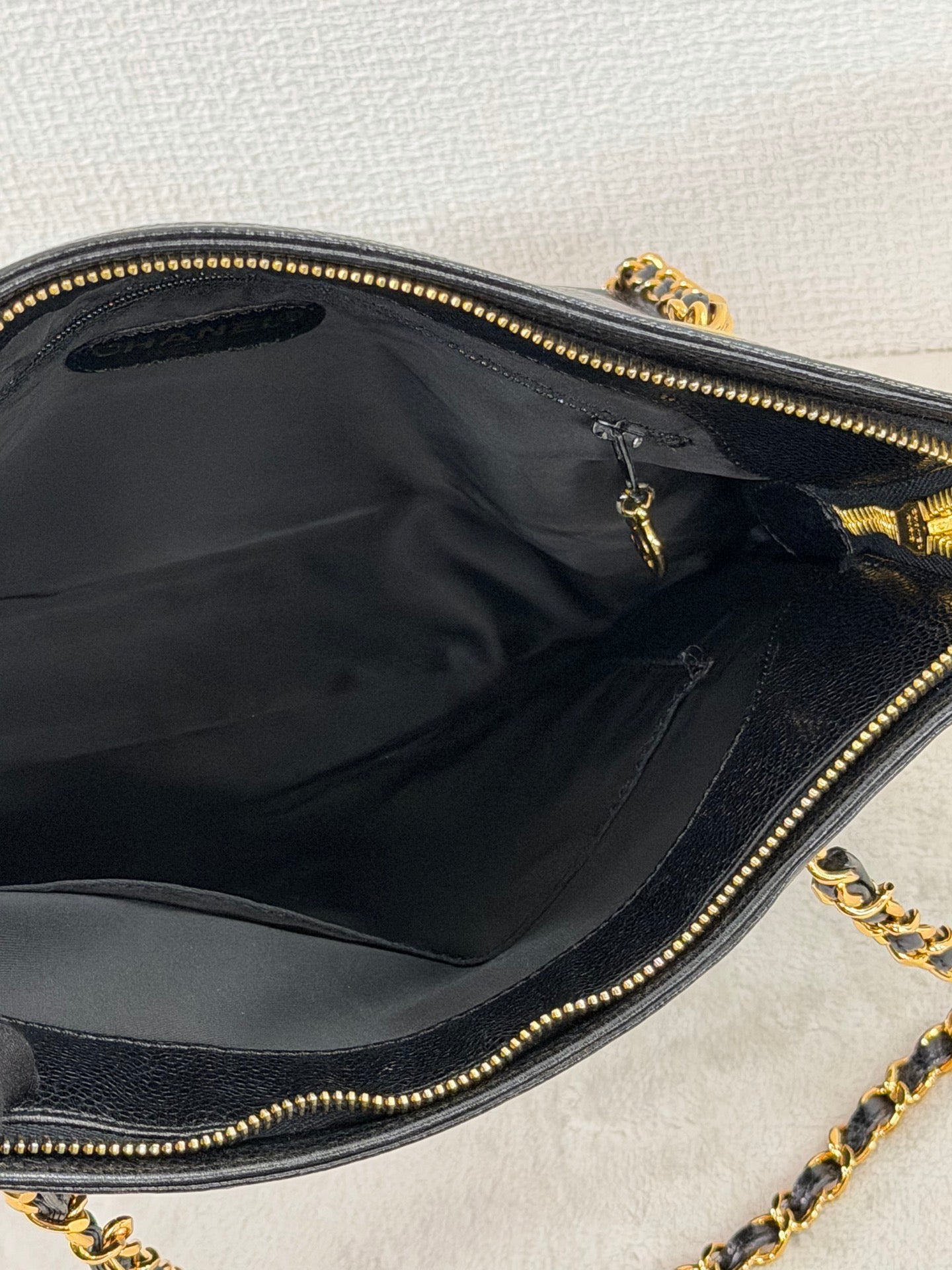 CHANEL Caviar Embossed Logo Chain Tote Bag