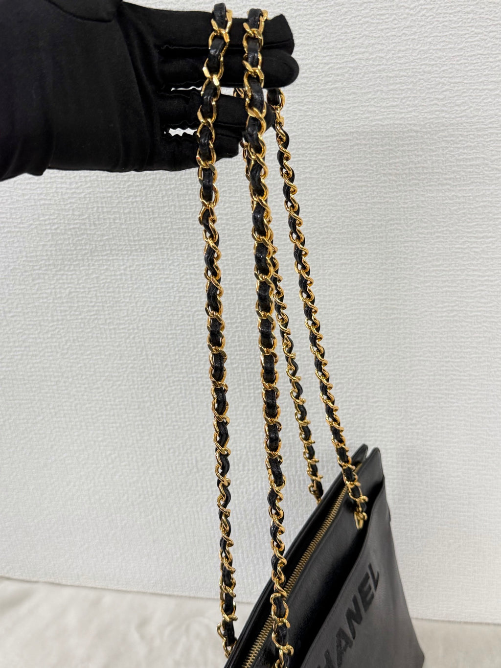 CHANEL Caviar Embossed Logo Chain Tote Bag