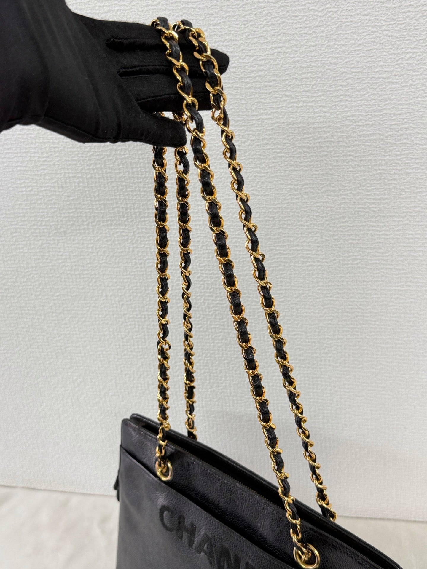 CHANEL Caviar Embossed Logo Chain Tote Bag