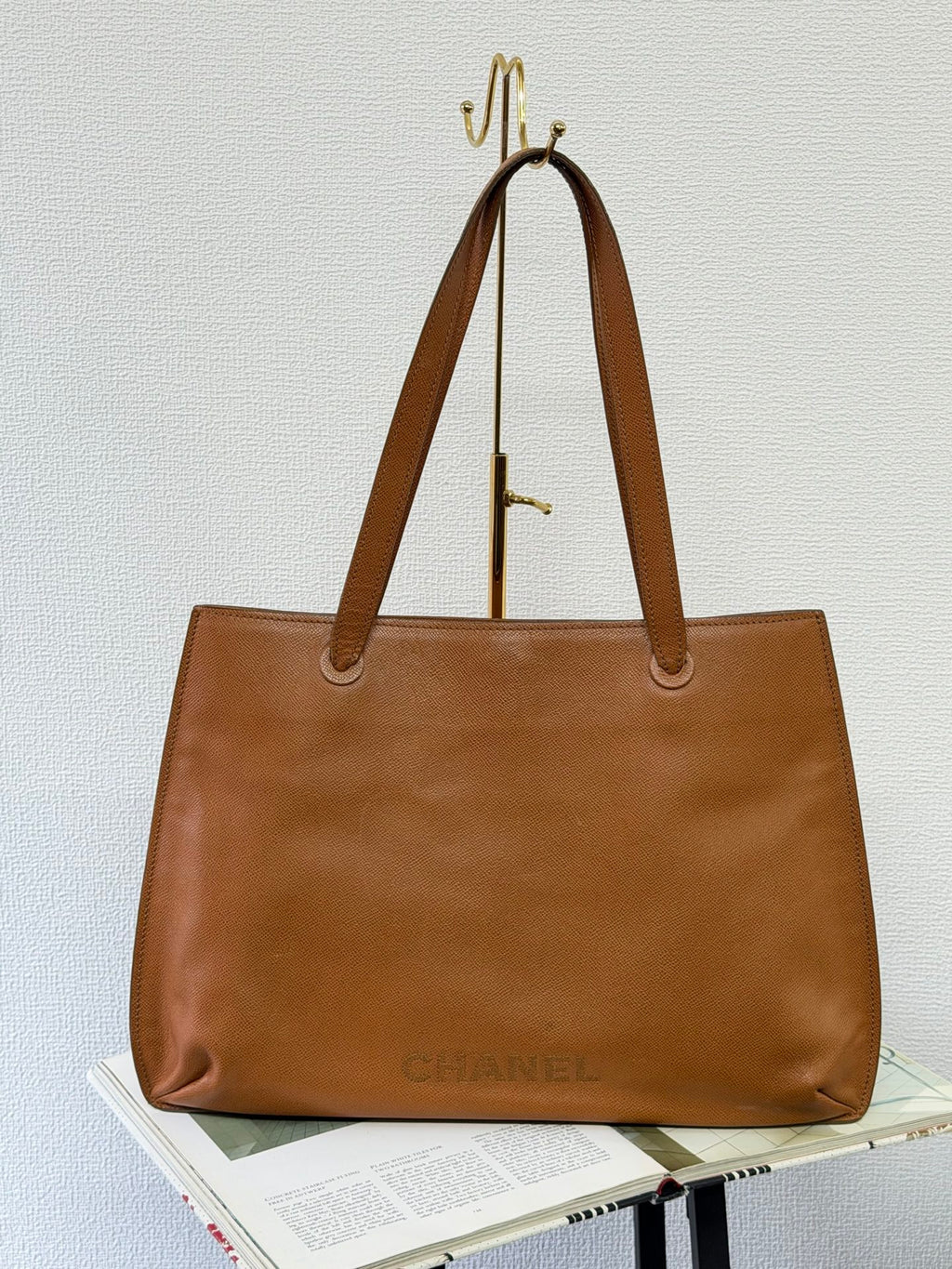 CHANEL Logo Shoulder Tote Caviar Whiskey British Tan Leather Authentic