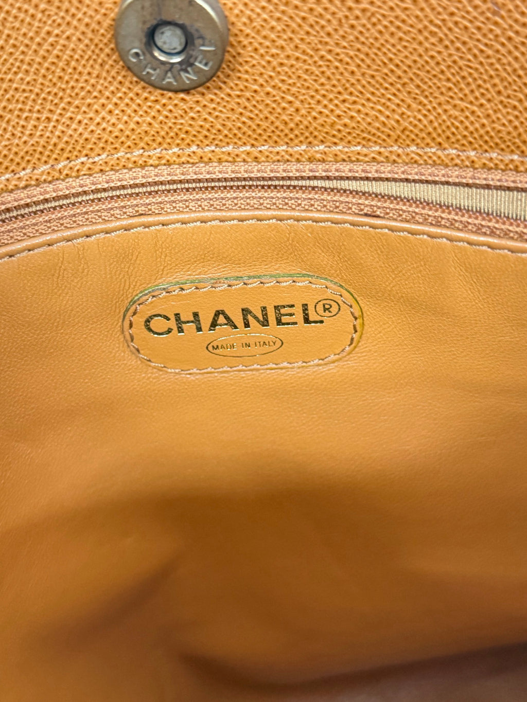 CHANEL Logo Shoulder Tote Caviar Whiskey British Tan Leather Authentic