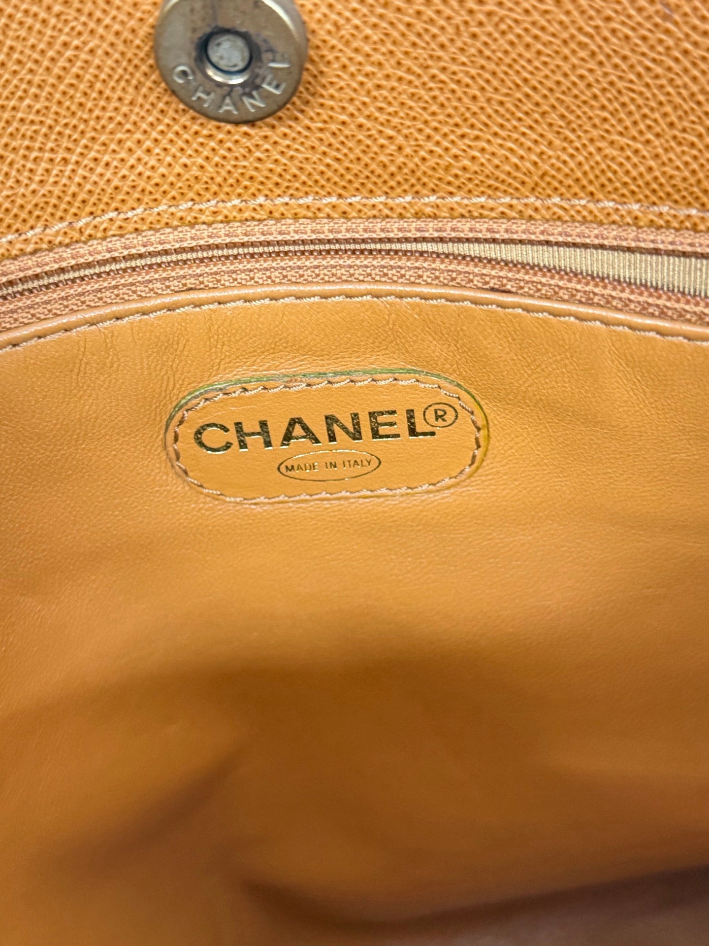 CHANEL Logo Shoulder Tote Caviar Whiskey British Tan Leather Authentic