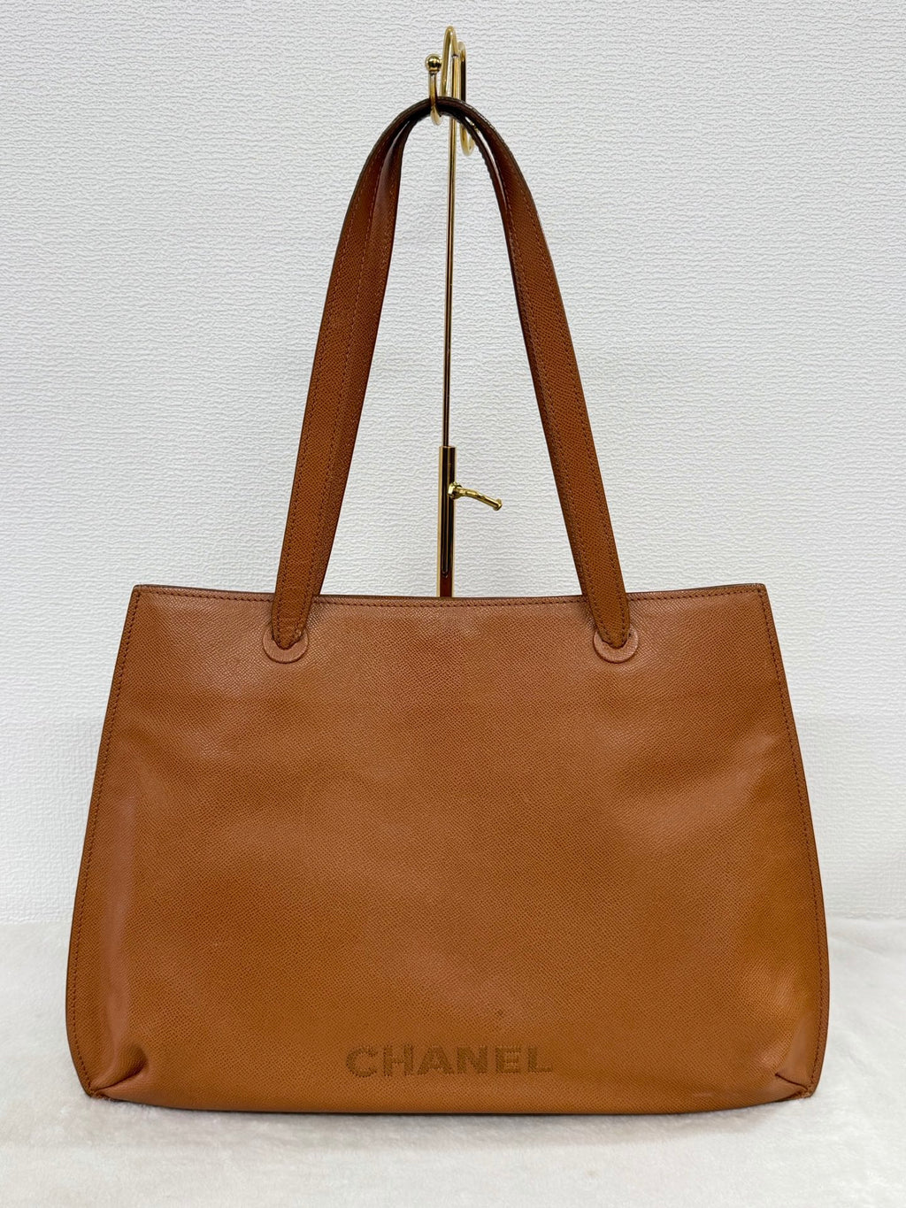 CHANEL Logo Shoulder Tote Caviar Whiskey British Tan Leather Authentic