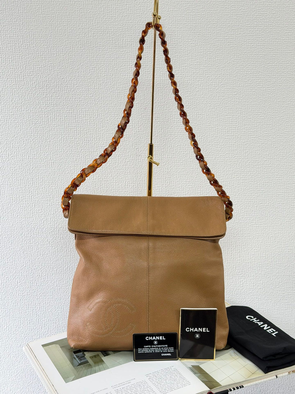 Chanel Beige Tortoise Caviar Leather Shoulder Bag