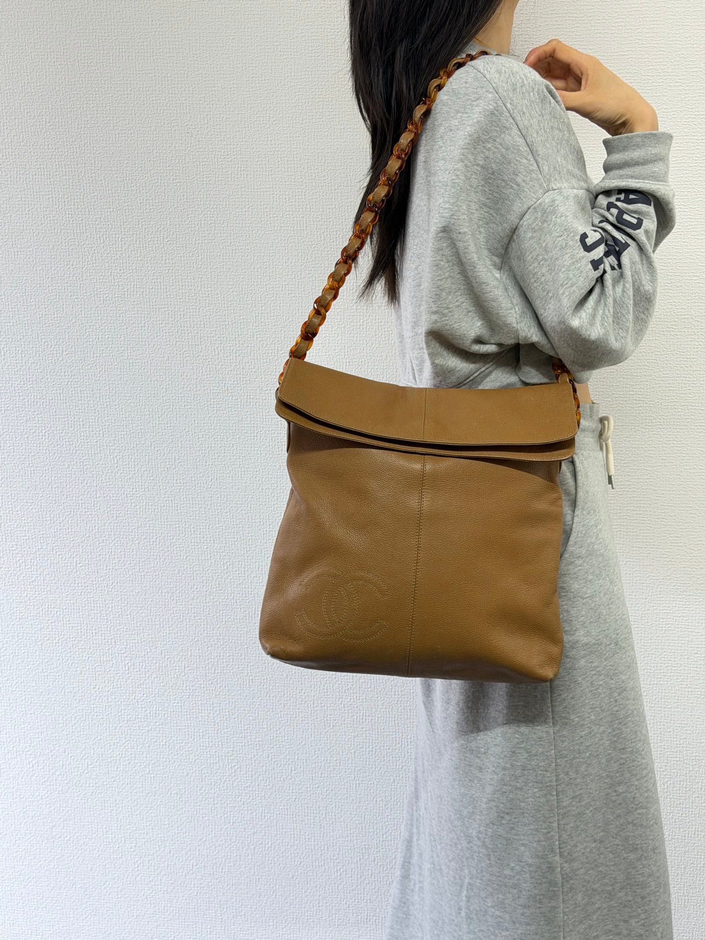 Chanel Beige Tortoise Caviar Leather Shoulder Bag
