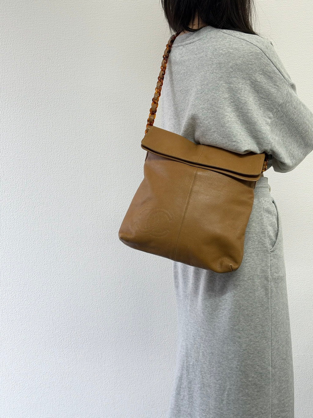 Chanel Beige Tortoise Caviar Leather Shoulder Bag
