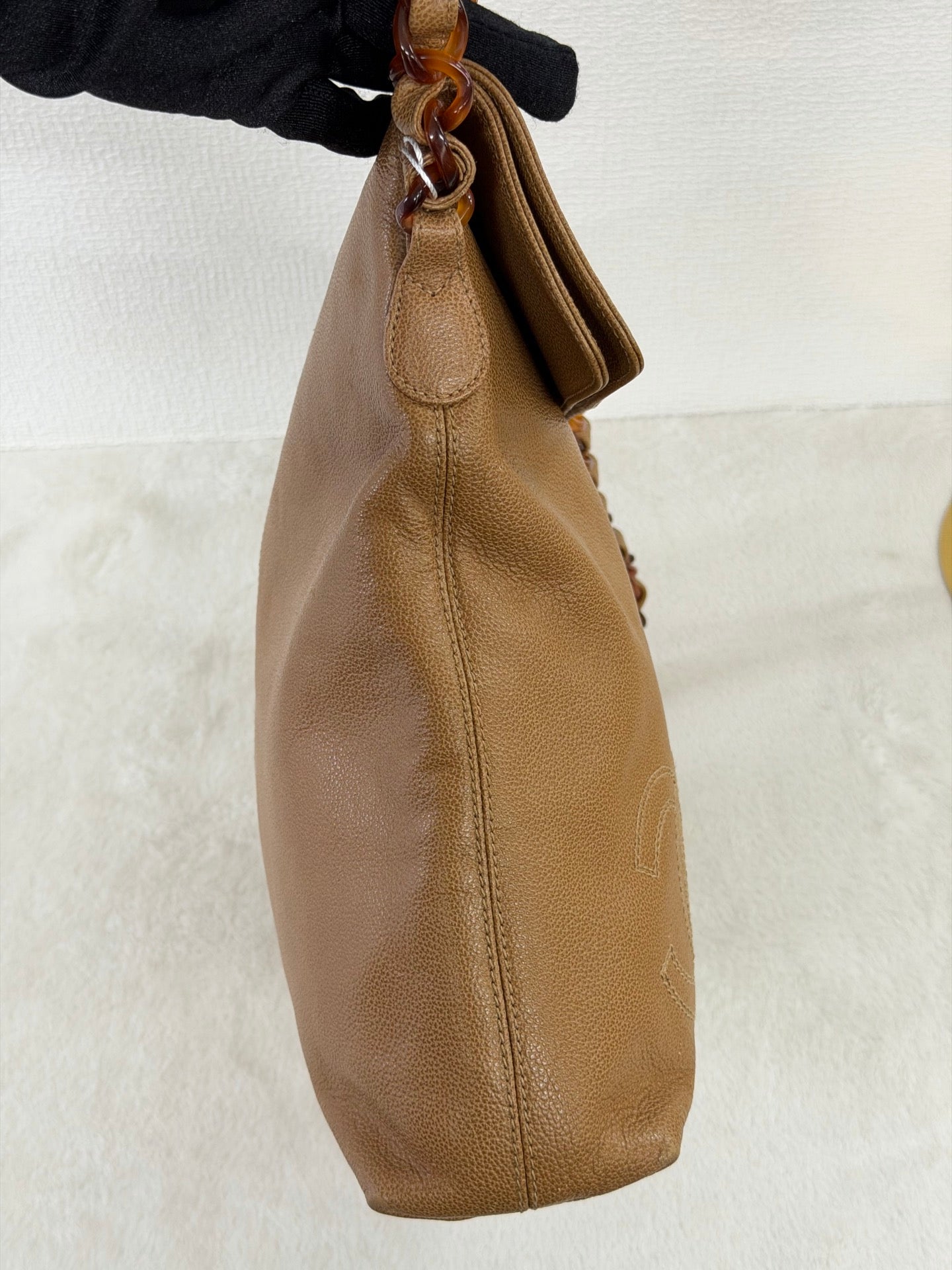 Chanel Beige Tortoise Caviar Leather Shoulder Bag