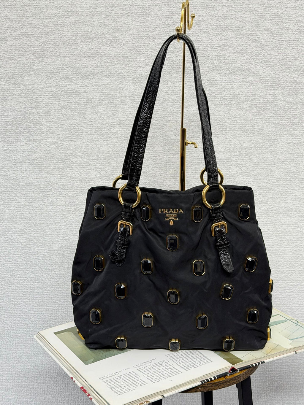 Prada Black Tessuto Nylon Pietre Jeweled Tote Bag