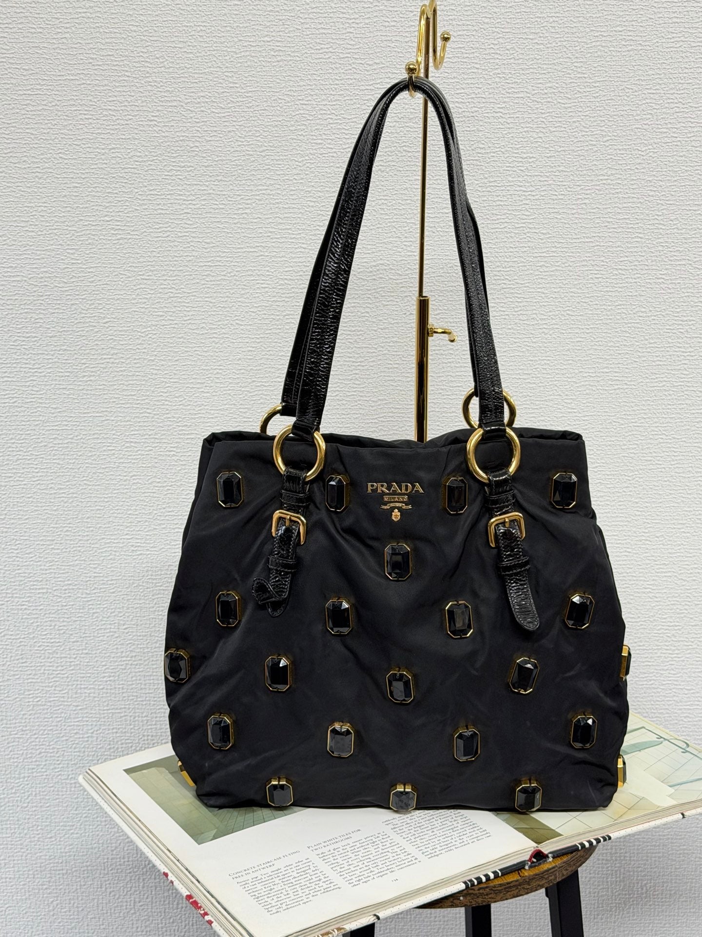 Prada Black Tessuto Nylon Pietre Jeweled Tote Bag
