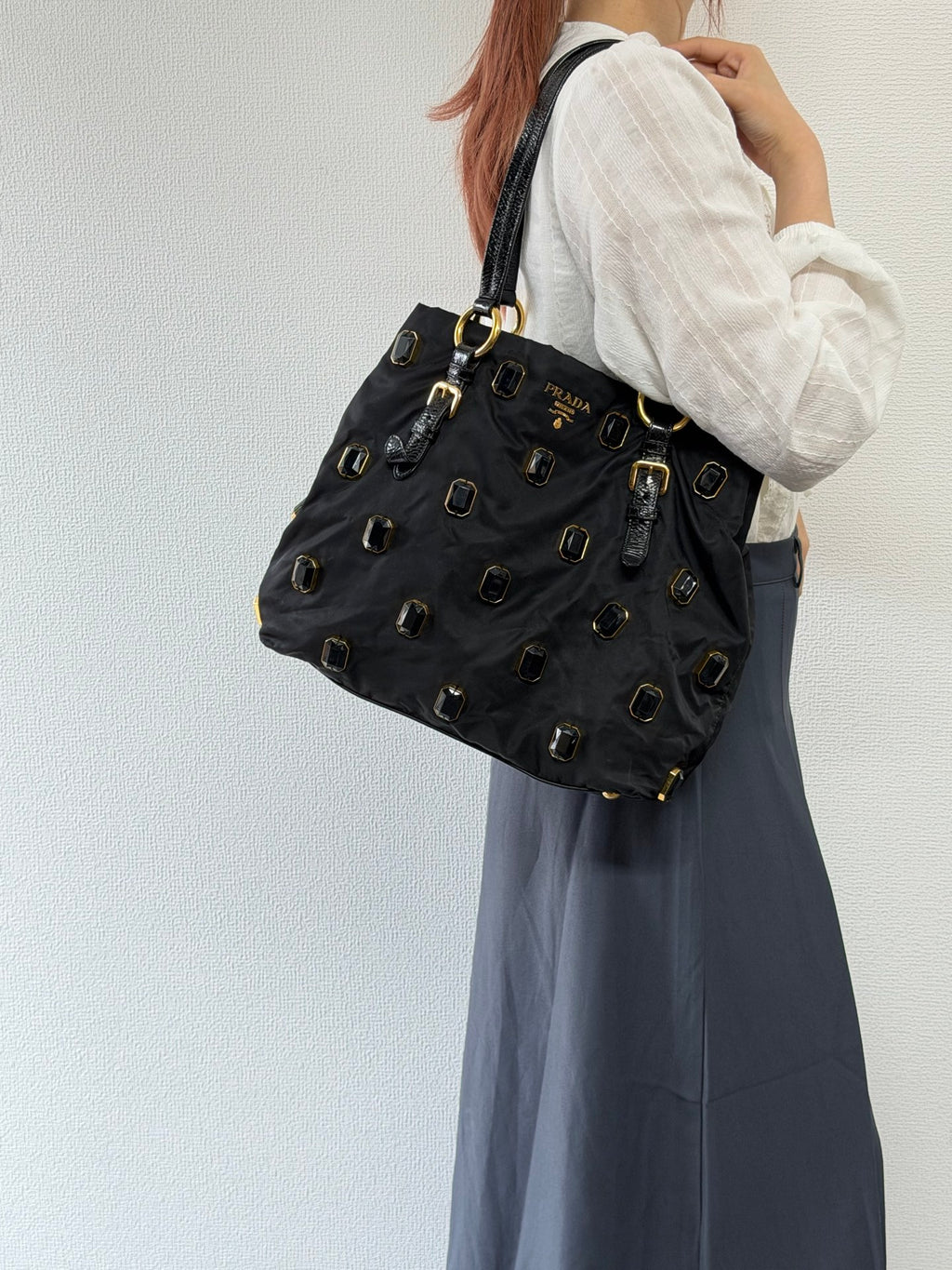 Prada Black Tessuto Nylon Pietre Jeweled Tote Bag
