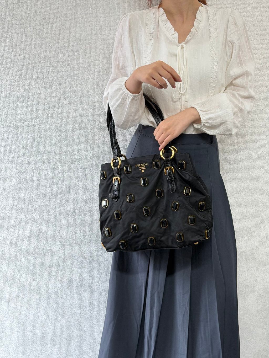 Prada Black Tessuto Nylon Pietre Jeweled Tote Bag