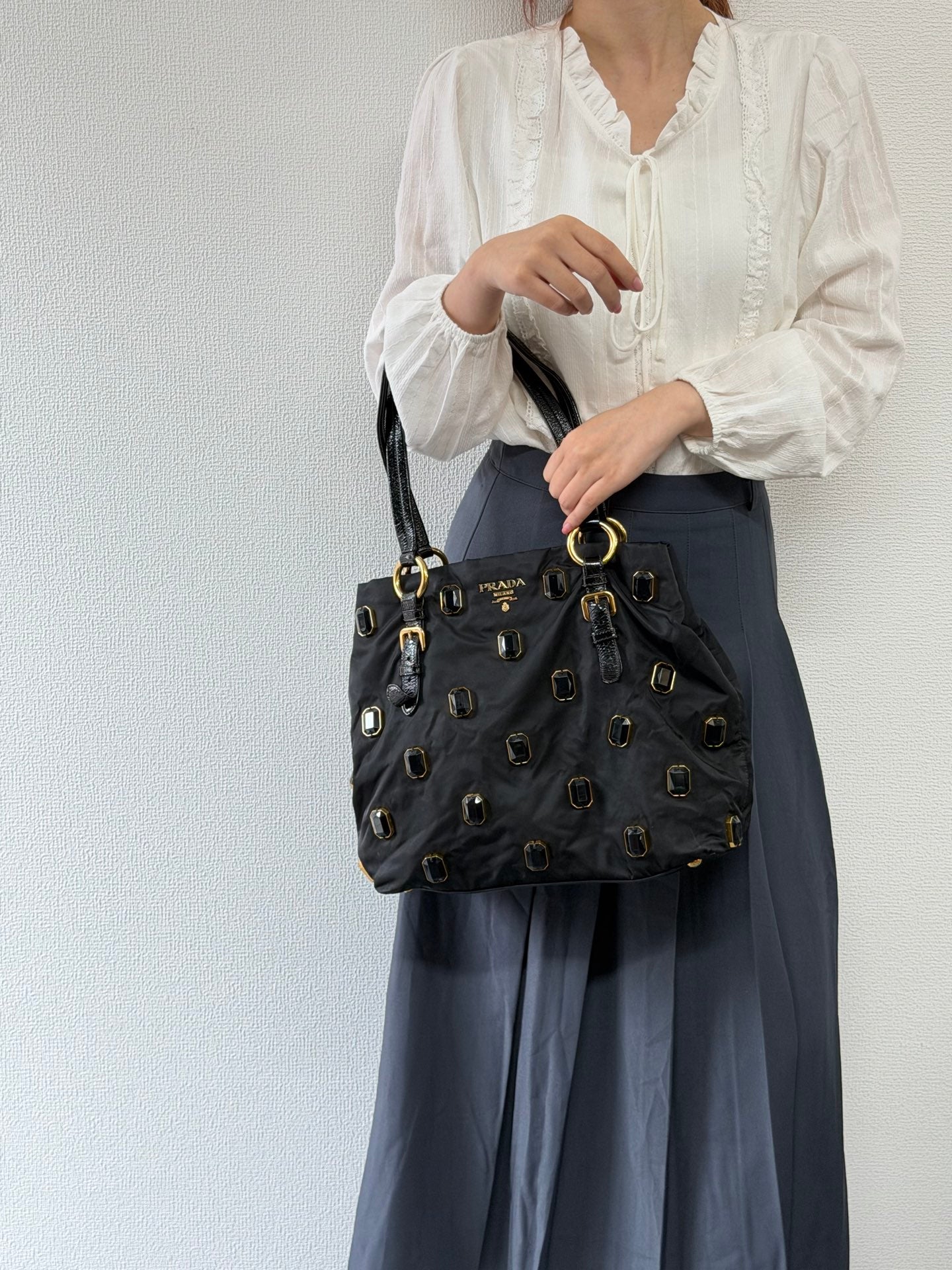 Prada Black Tessuto Nylon Pietre Jeweled Tote Bag