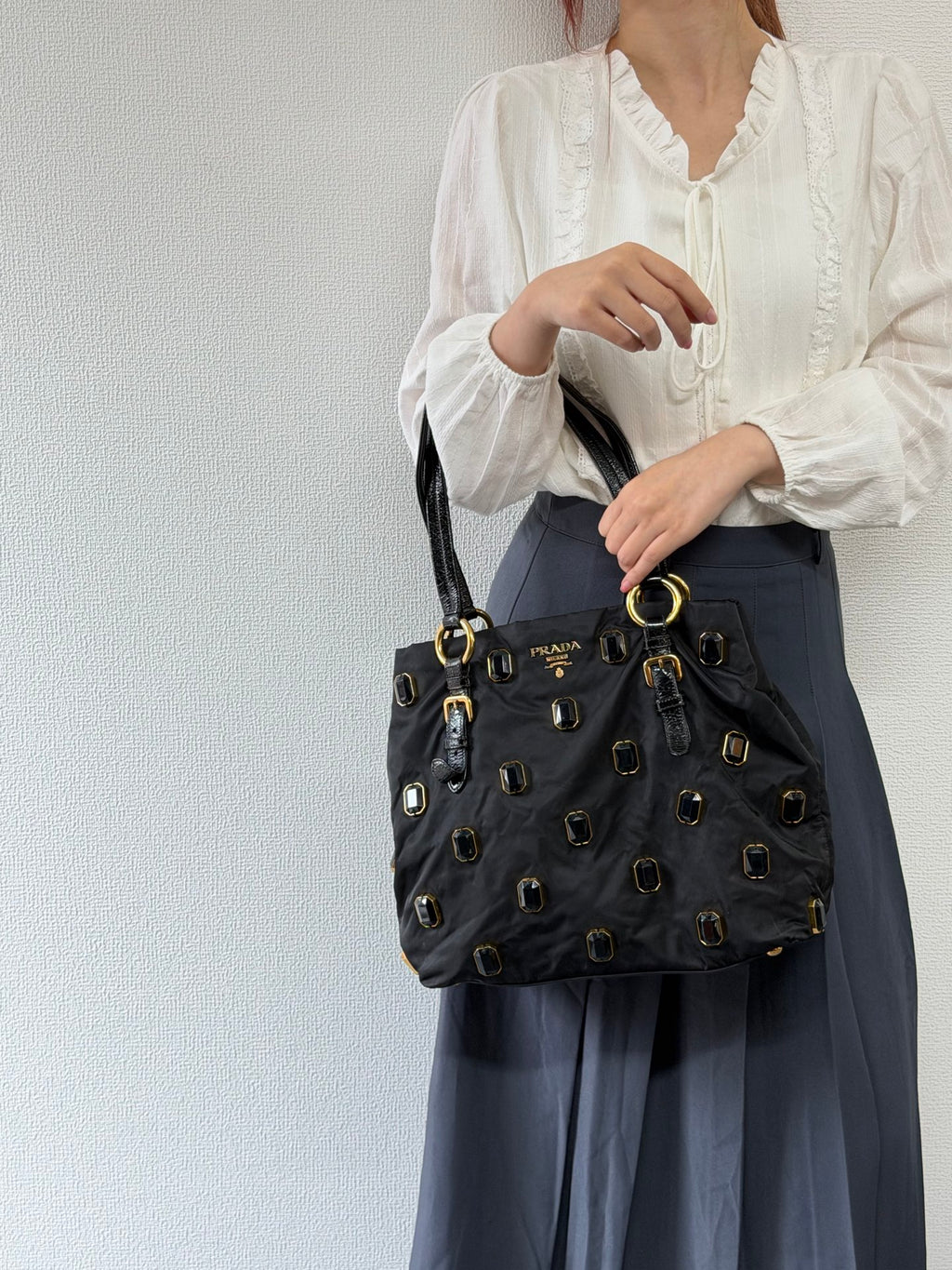 Prada Black Tessuto Nylon Pietre Jeweled Tote Bag