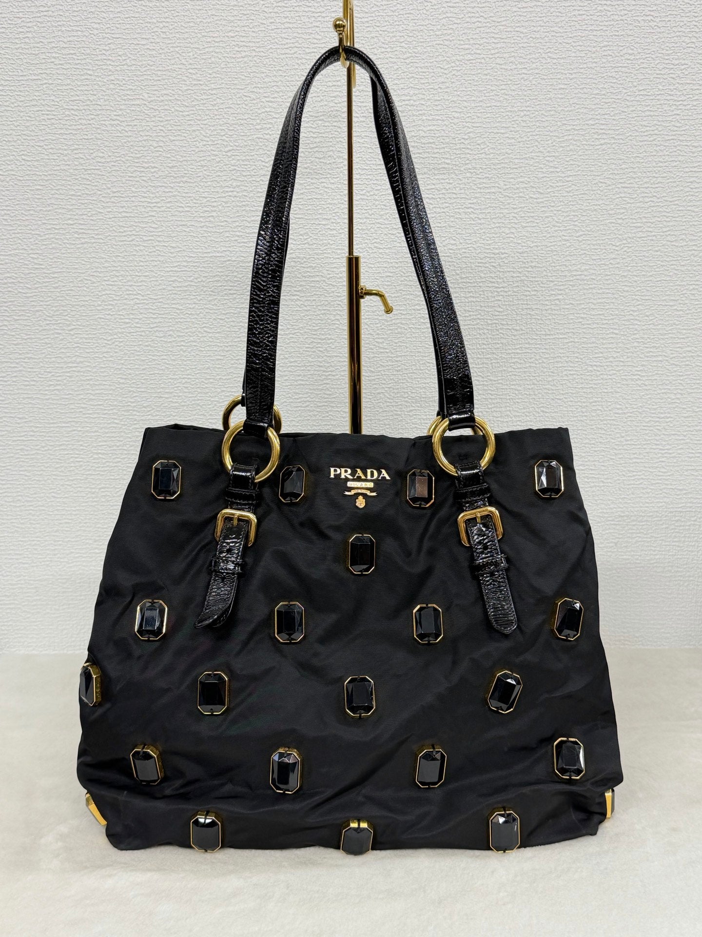 Prada Black Tessuto Nylon Pietre Jeweled Tote Bag