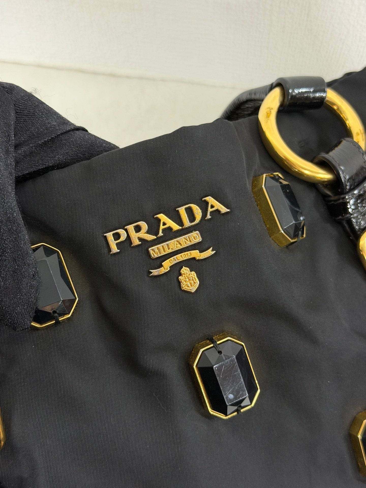 Prada Black Tessuto Nylon Pietre Jeweled Tote Bag