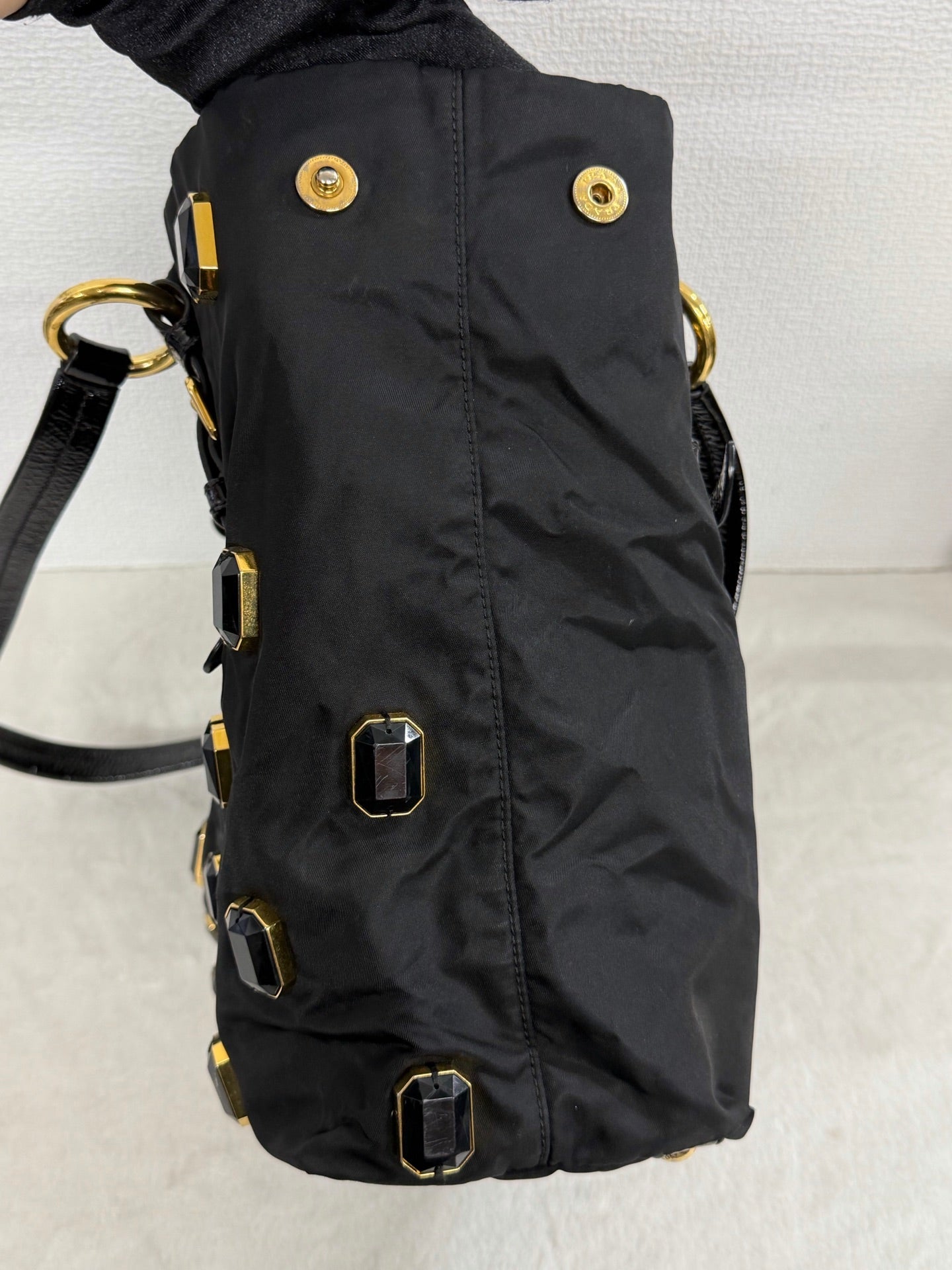 Prada Black Tessuto Nylon Pietre Jeweled Tote Bag