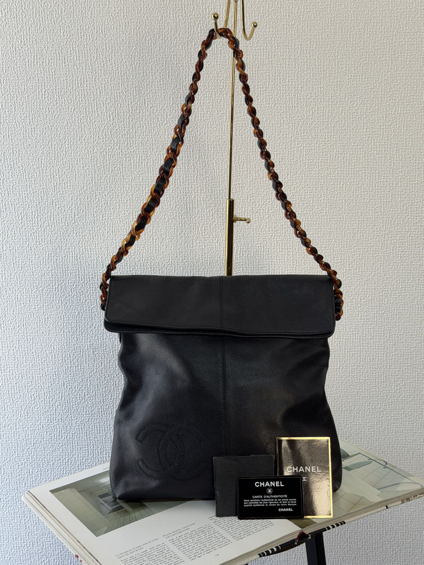 Chanel Black Caviar Tortoise Chain Fold Over Shoulder Bag