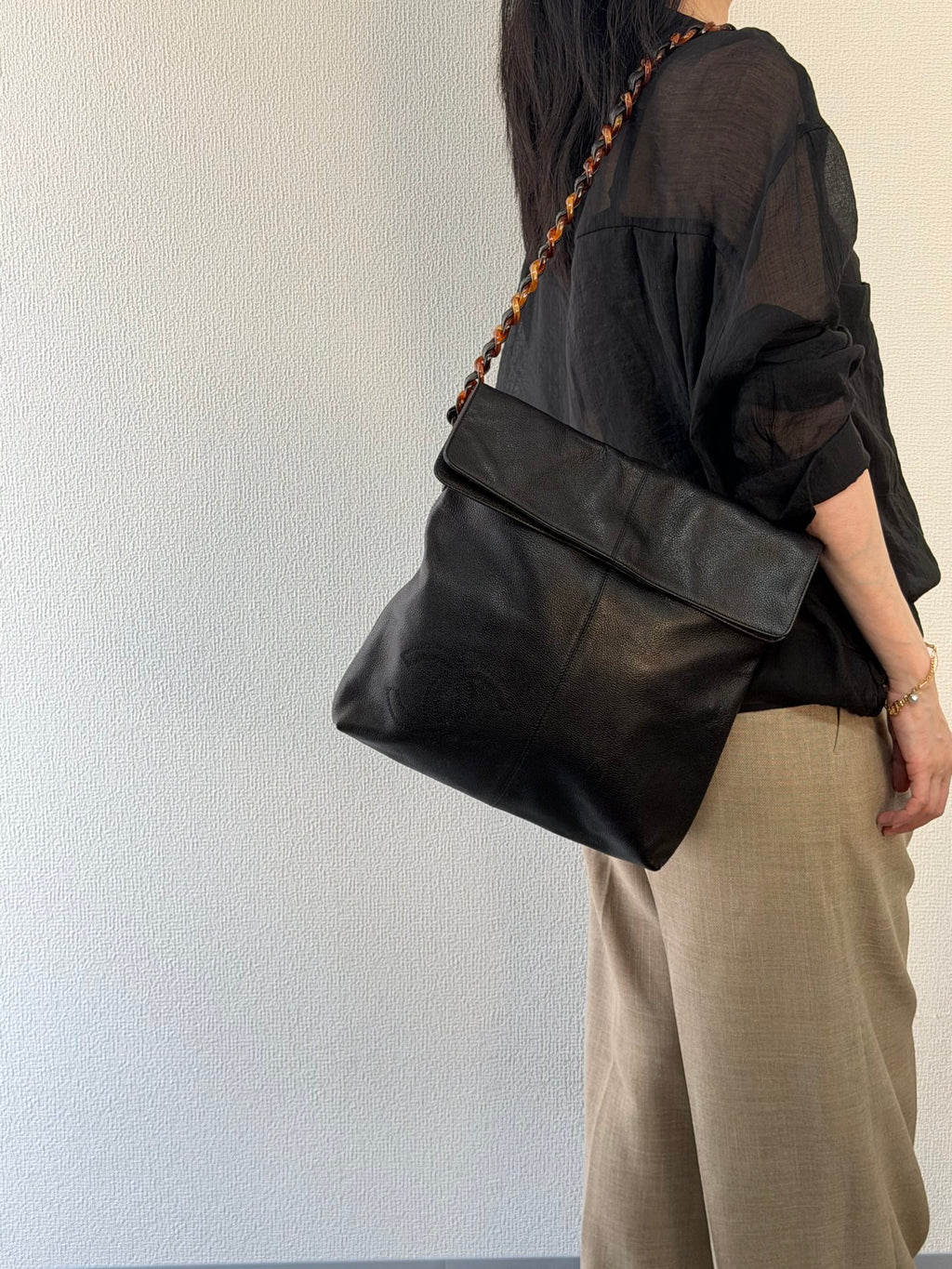 Chanel Black Caviar Tortoise Chain Fold Over Shoulder Bag
