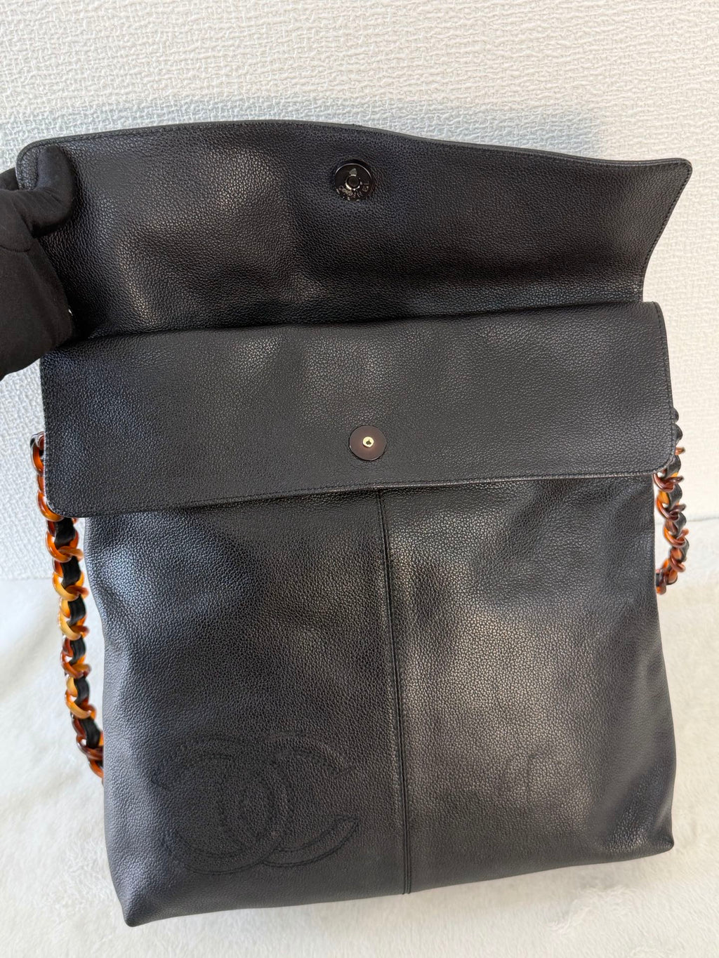 Chanel Black Caviar Tortoise Chain Fold Over Shoulder Bag