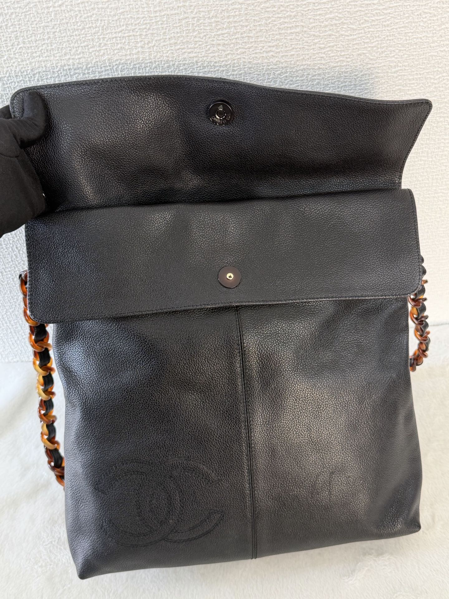 Chanel Black Caviar Tortoise Chain Fold Over Shoulder Bag