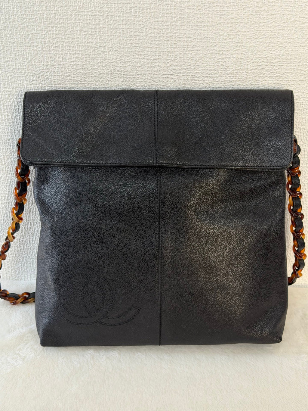 Chanel Black Caviar Tortoise Chain Fold Over Shoulder Bag