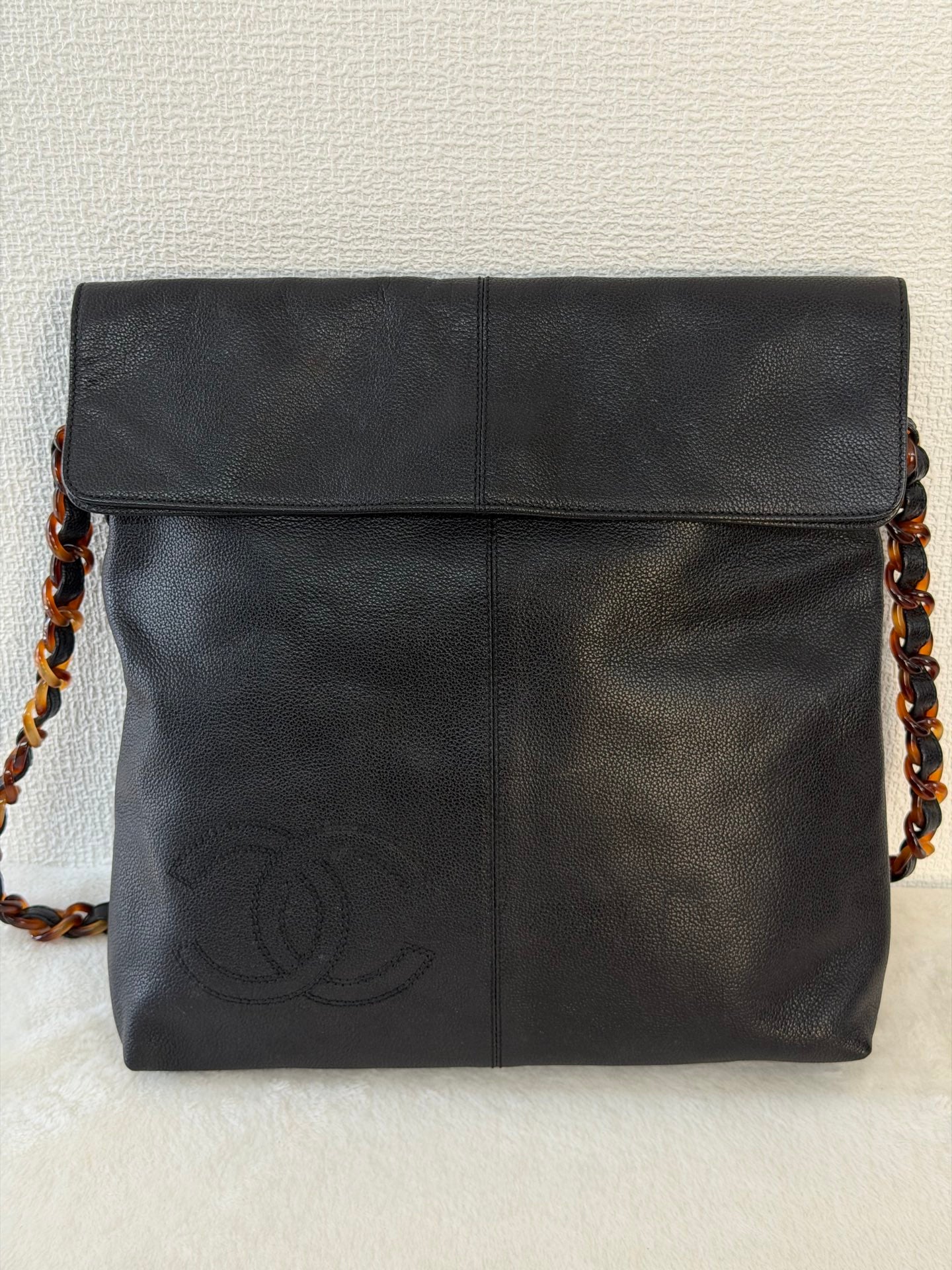 Chanel Black Caviar Tortoise Chain Fold Over Shoulder Bag