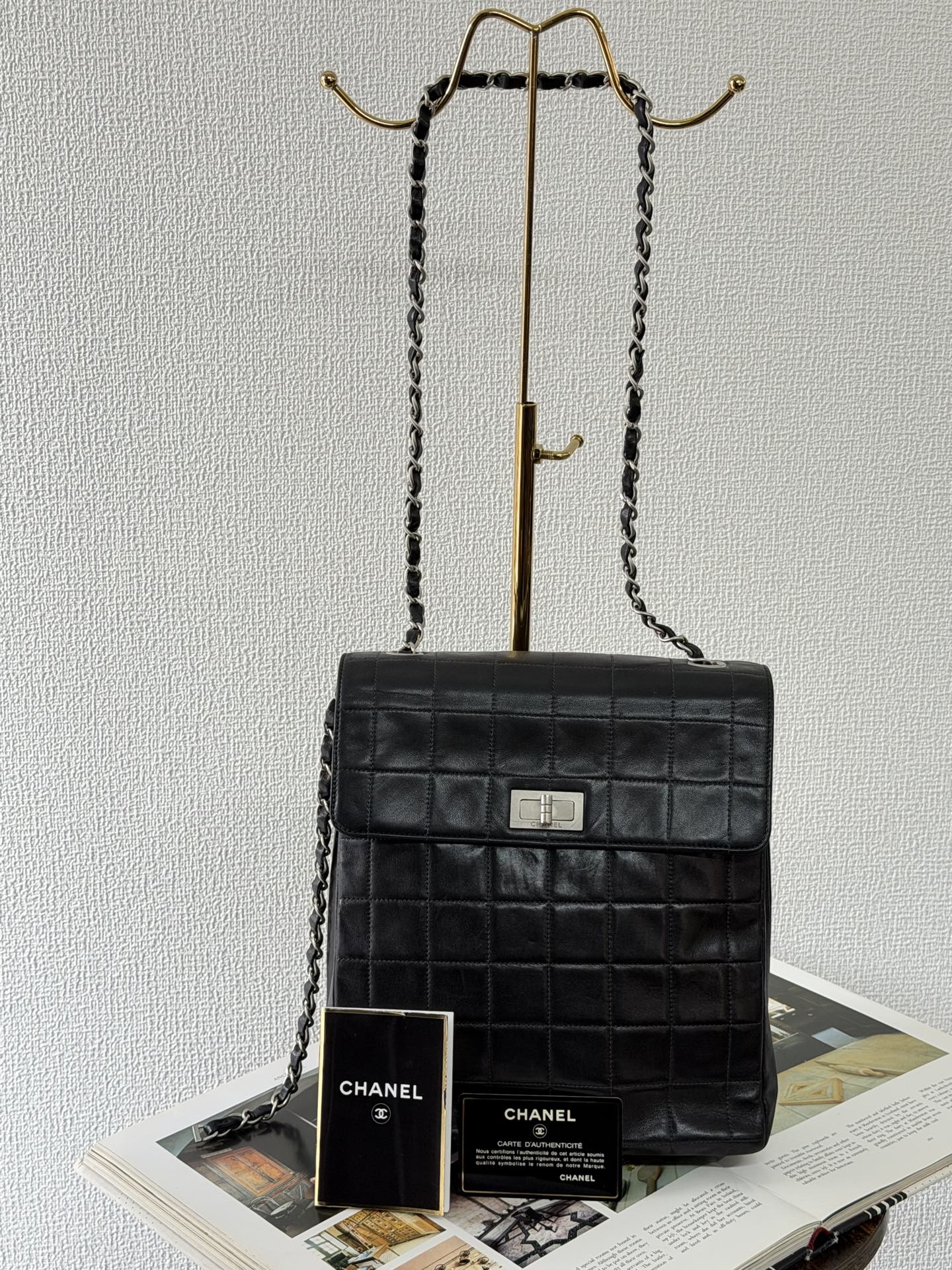 CHANEL 2.55 Ice Cube Quilted Double Chain Shoulder Bag Black Silver