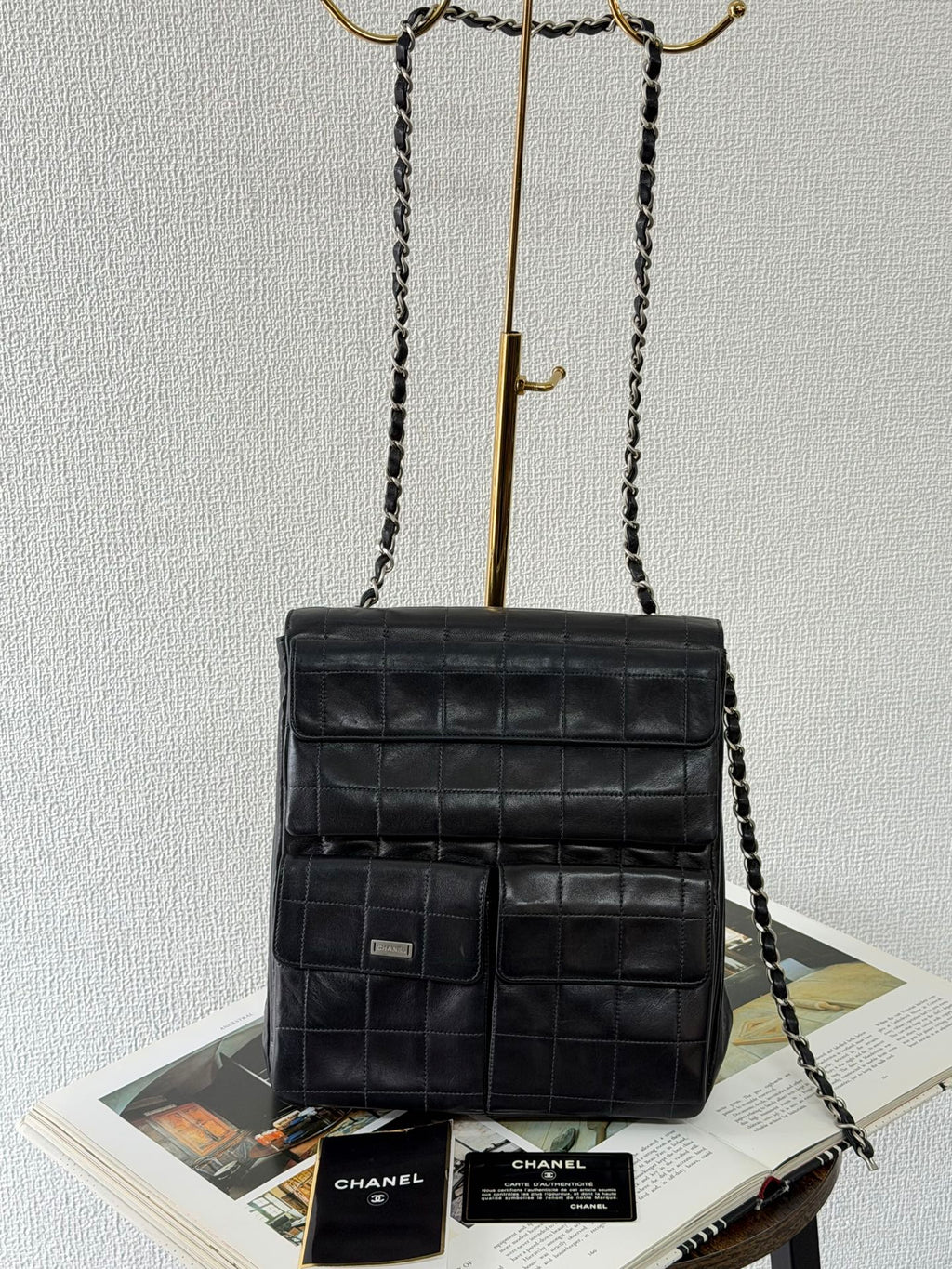 CHANEL 2.55 Ice Cube Quilted Double Chain Shoulder Bag Black Silver