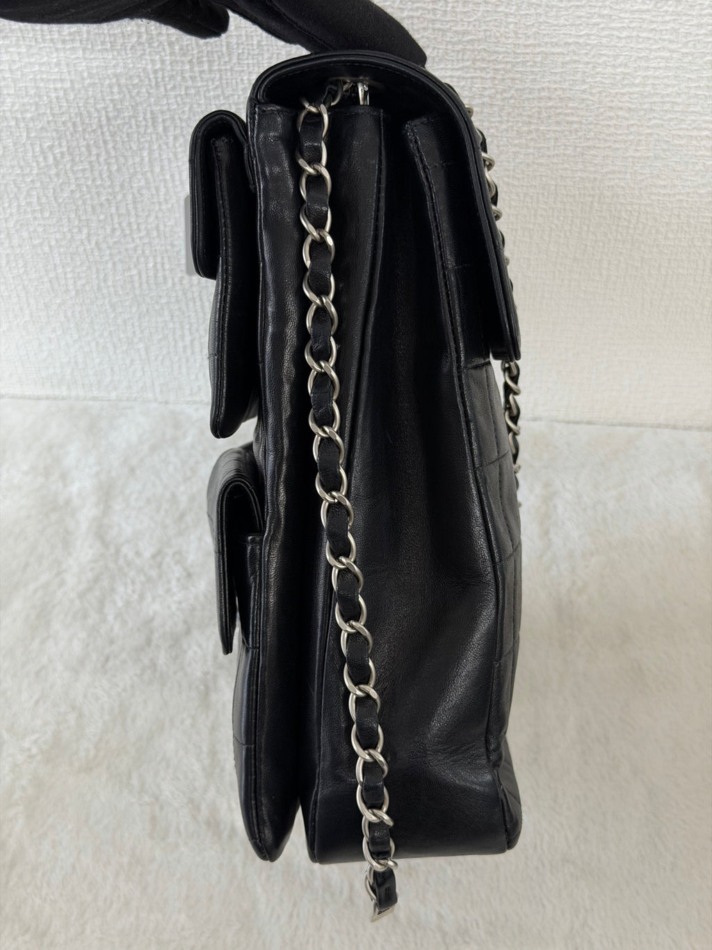 CHANEL 2.55 Ice Cube Quilted Double Chain Shoulder Bag Black Silver