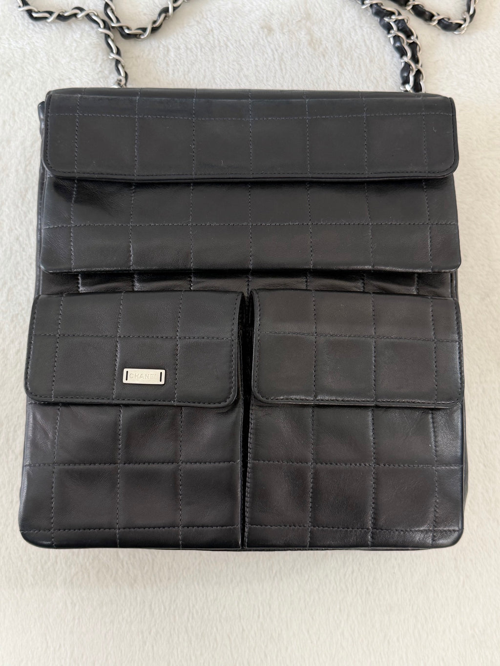CHANEL 2.55 Ice Cube Quilted Double Chain Shoulder Bag Black Silver