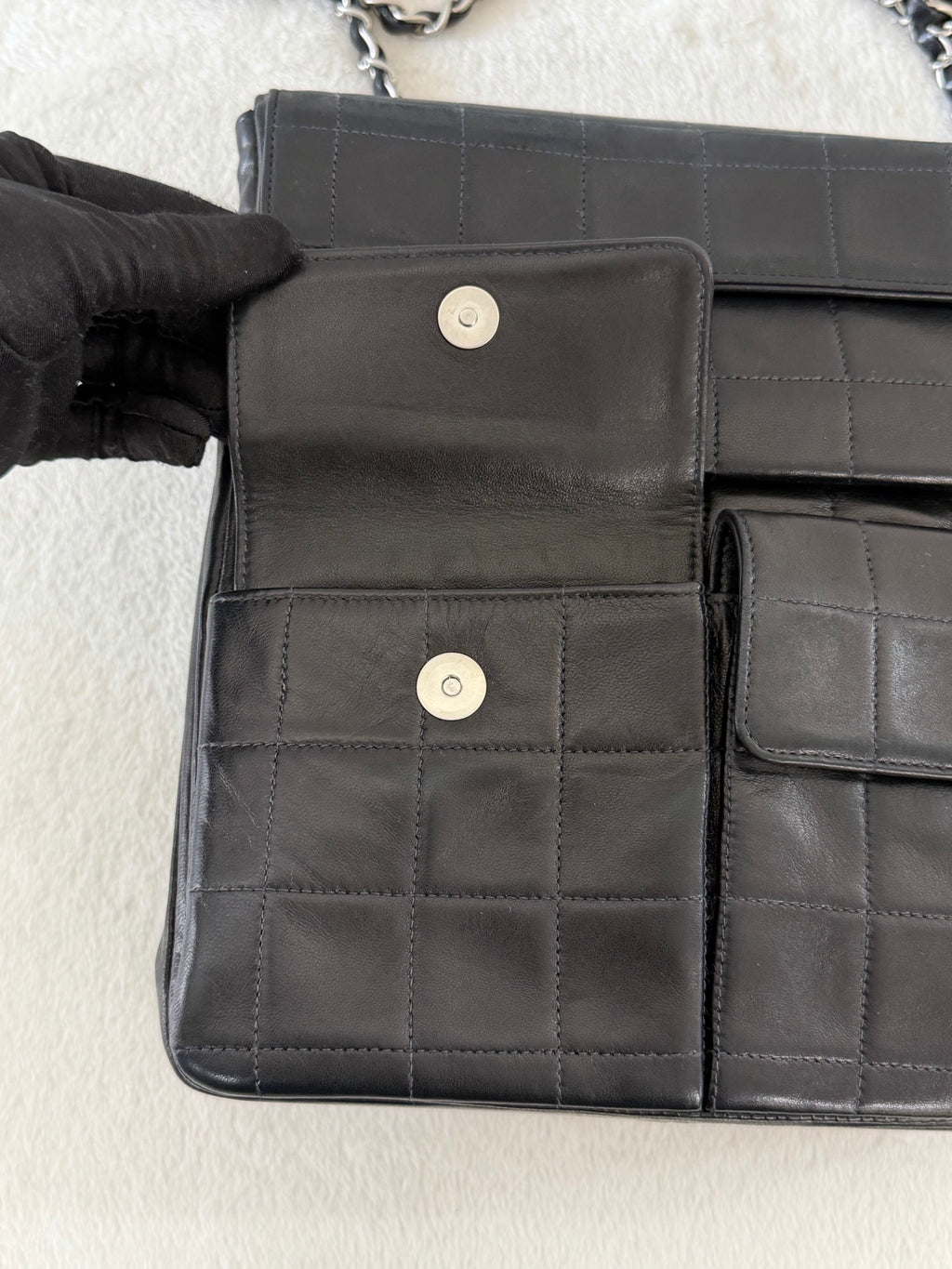 CHANEL 2.55 Ice Cube Quilted Double Chain Shoulder Bag Black Silver