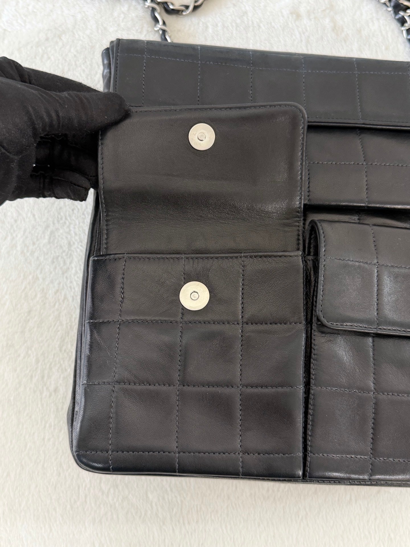 CHANEL 2.55 Ice Cube Quilted Double Chain Shoulder Bag Black Silver