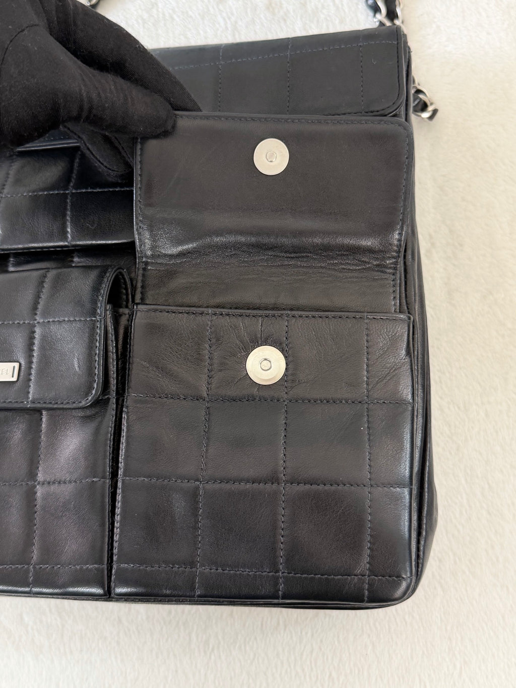 CHANEL 2.55 Ice Cube Quilted Double Chain Shoulder Bag Black Silver